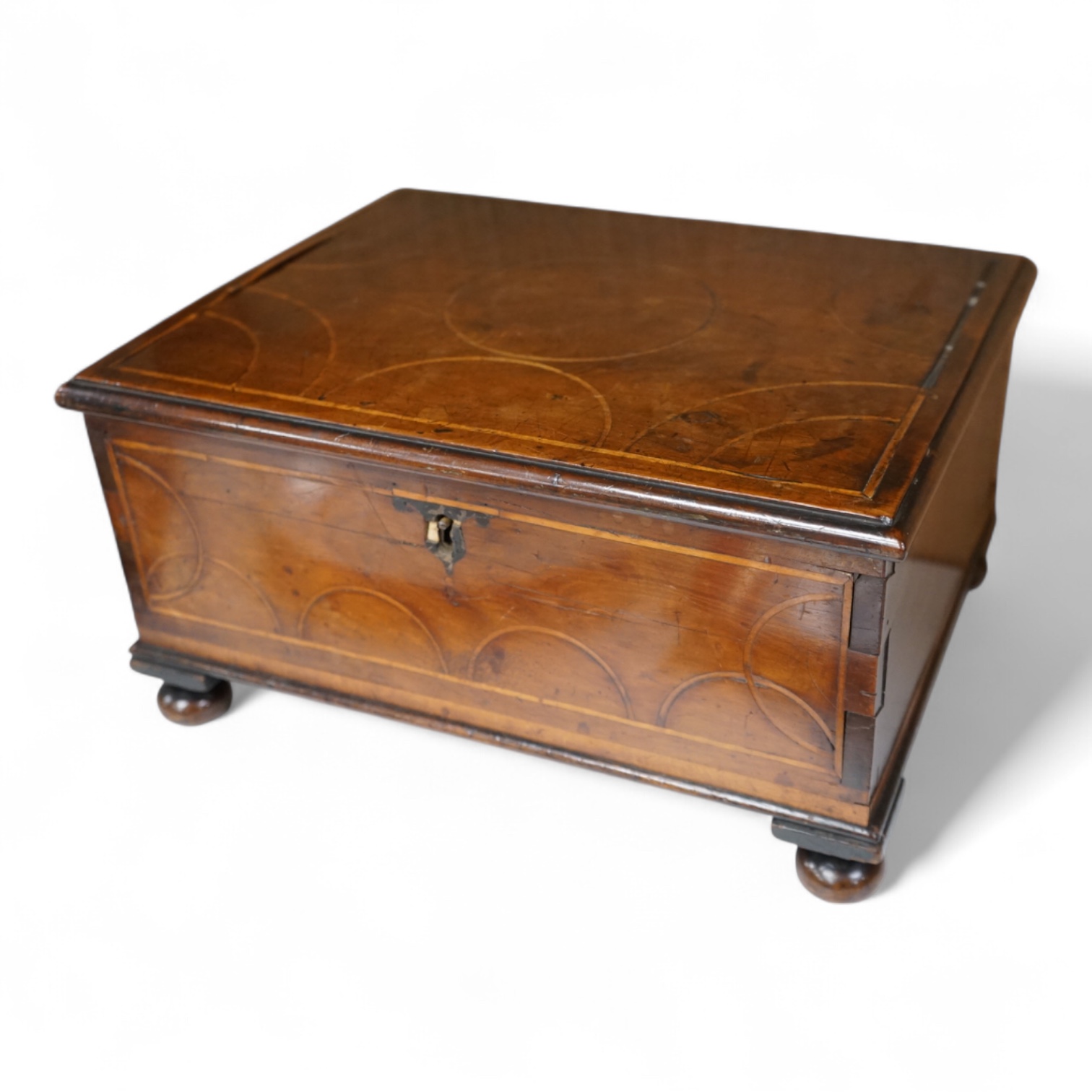 A William III yew wood and line inlaid bible box, some later alterations, with key, 34cm wide